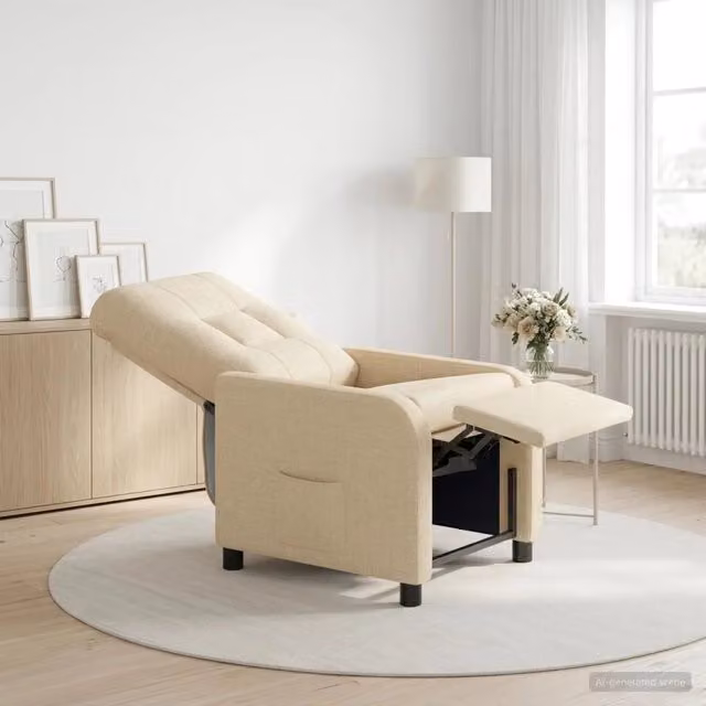 Poltrona reclinabile relax in tessuto beige con braccioli e struttura moderna per soggiorno o ufficio