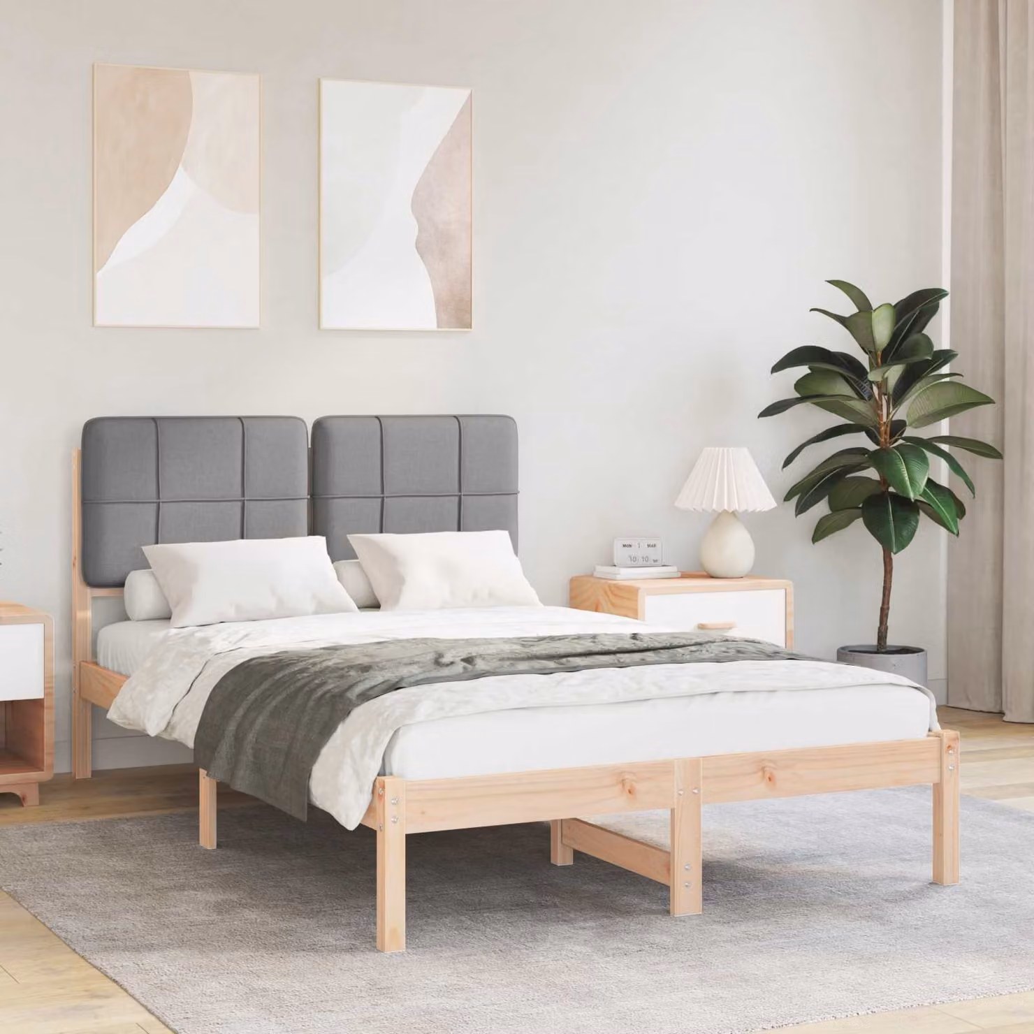 Letto con testiera rivestita vidaXL in legno di pino e tessuto, Grigio, L 120 x P 200 cm – 1