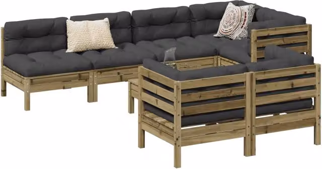 Set di divani da giardino a forma di L vidaXL in legno di pino trattato con 8 pezzi e cuscini grigi antracite – 1