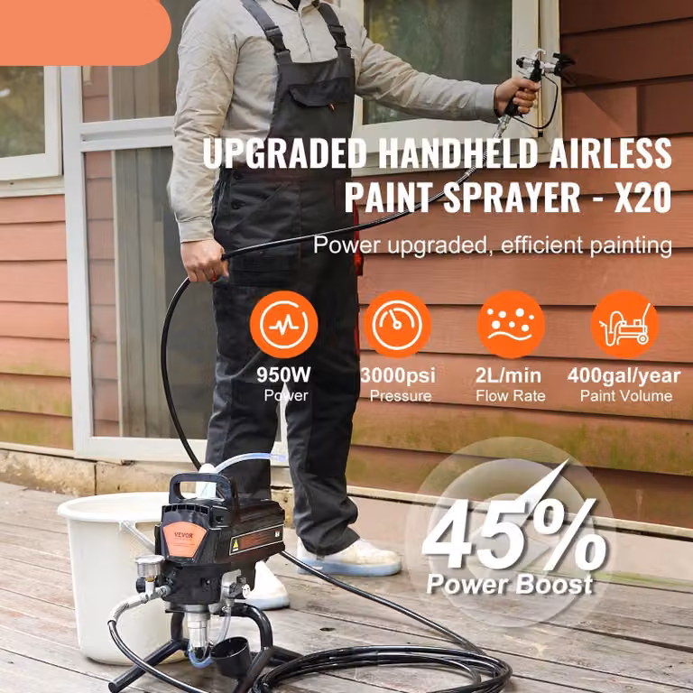 Spruzzatore a pressione senza aria - Spruzzatore elettrico - Macchina per verniciatura a pressione - Alta pressione 3000 PSI - 950W - Tubo da 7,6 m / 15 m