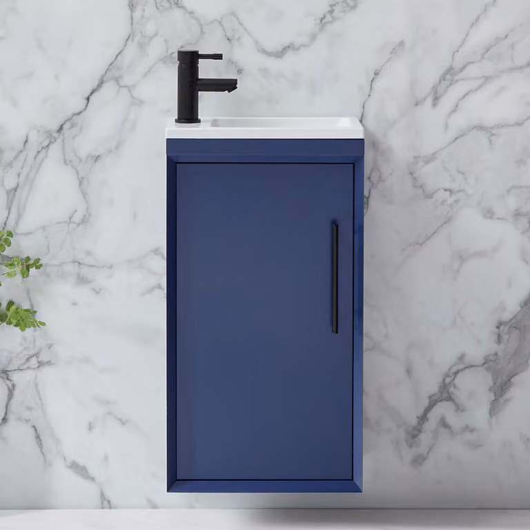 Mobile Bagno Sospeso Blu Marino 400mm con Lavabo e Maniglia con Barra a T Nera - Edge