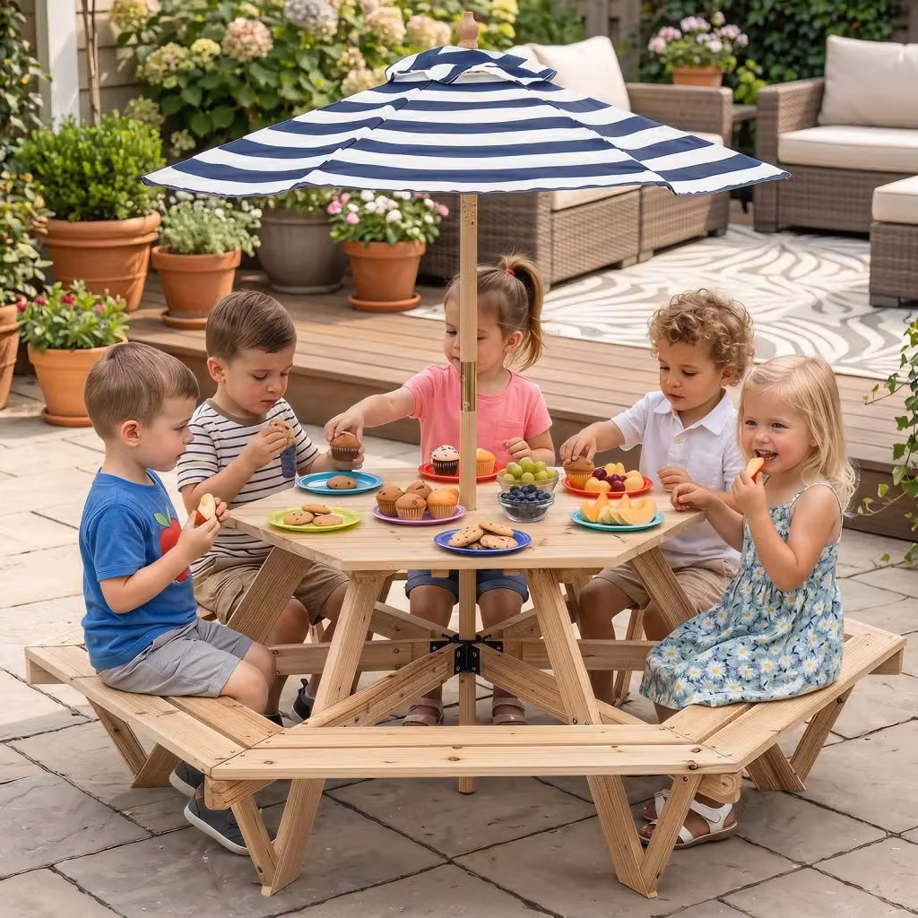 Tavolo da picnic esagonale in legno di abete marrone con 6 panche e ombrellone regolabile per bambini, ideale per giardino o cameretta – 2