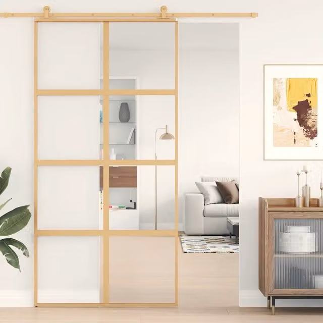 Porta Scorrevole vidaXL in Alluminio e Vetro Trasparente Oro L: 102,5 cm, H: 205 cm
