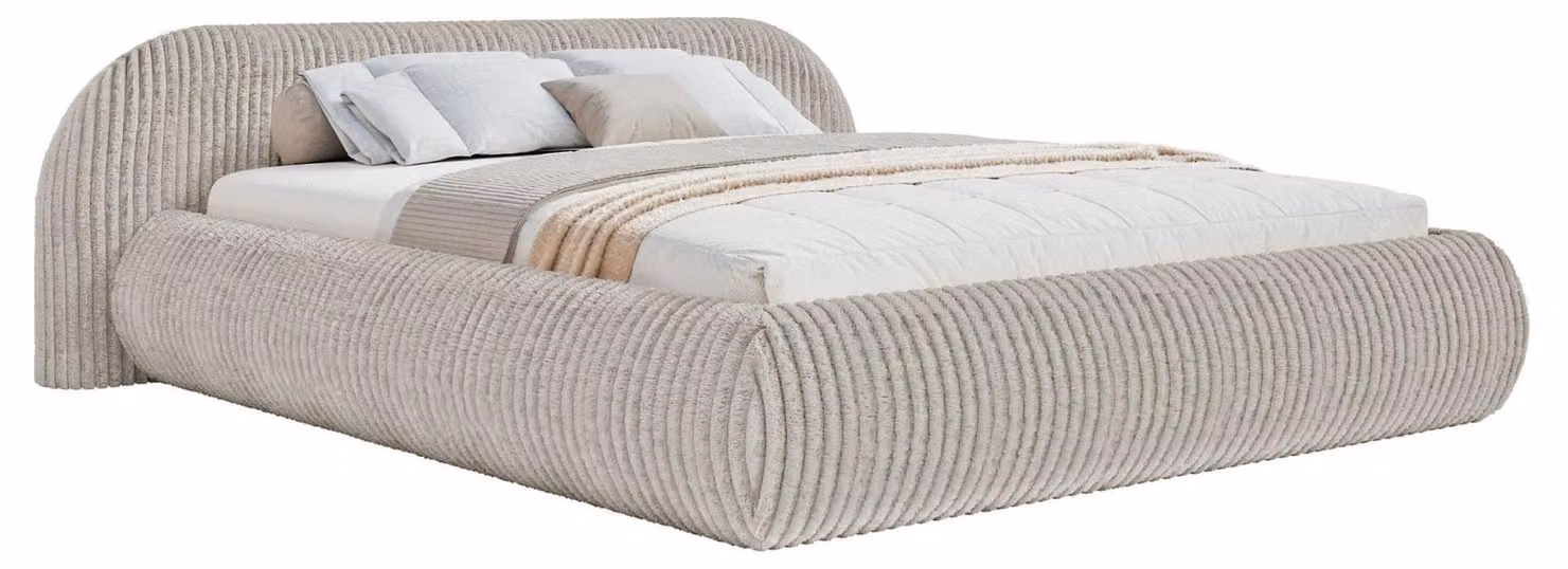 Selsey Shels Low: Letto imbottito 180x200, tessuto a coste larghe, color grigio-beige