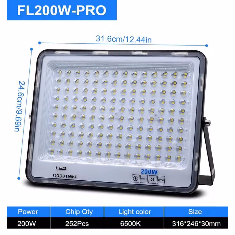 Faretto a LED - 200W PRO - Chip LED 2835 - Angolo di illuminazione 180° - Grado di protezione IP66 (resistente all'acqua) - Corpo in alluminio - Illuminazione esterna a 220 V
