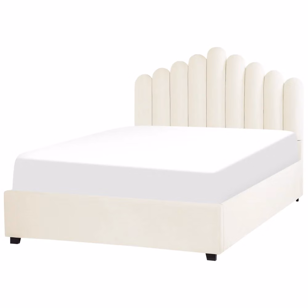 Letto contenitore matrimoniale Beliani in velluto bianco con testiera a conchiglia e rete a doghe L/P/H: 140 x 200 x 147 cm – 2