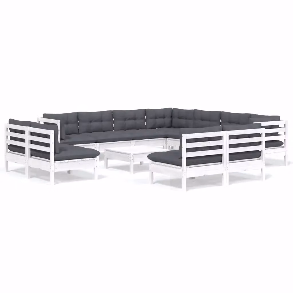Set di divani da giardino a forma di U vidaXL in legno di pino con cuscini bianchi e antracite – 2