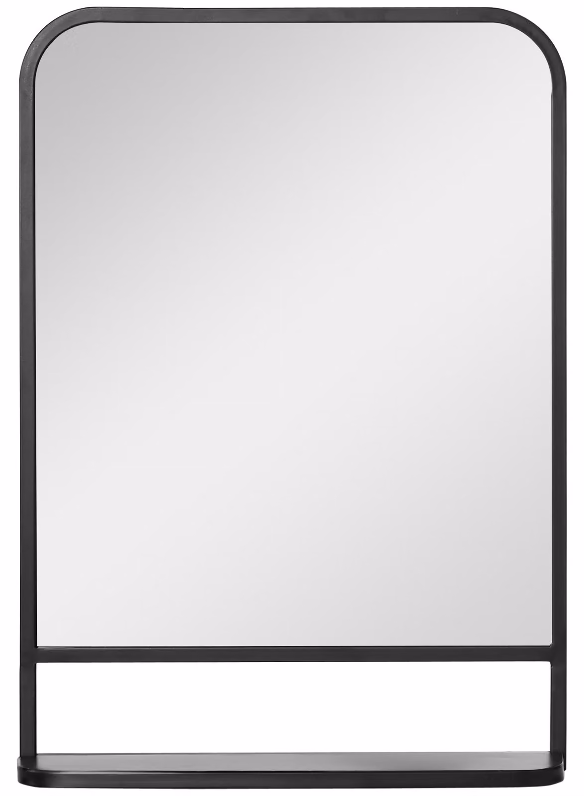 Specchio da parete Moonbite con ripiano, forma rettangolare con angoli arrotondati, cornice in metallo nero, piano inferiore per appoggiare oggetti, ideale per ingresso, bagno e corridoio, realizzato in ferro, colore nero