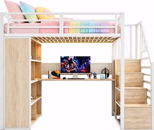 Letto a soppalco 90x200 cm con scrivania; scala contenitore; LED e armadio; bianco