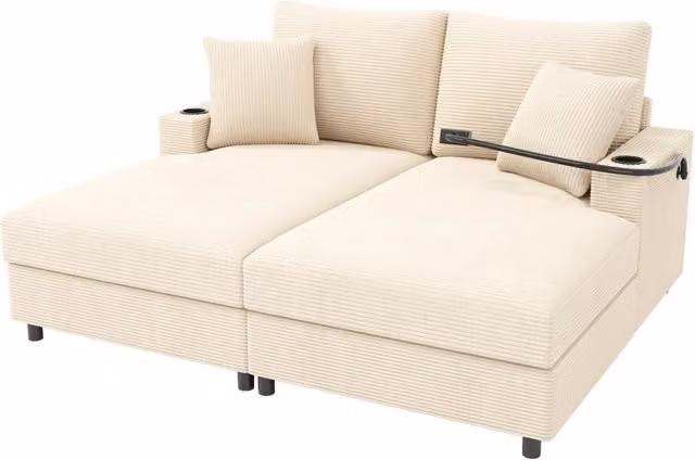 Divano 2 posti moderno in velluto a coste beige con funzione relax, ricarica USB, portabicchieri e cuscini inclusi
