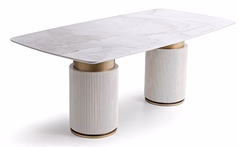Tavolo da pranzo moderno, bianco e dorato, con finitura effetto marmo, tavolo da cucina di design