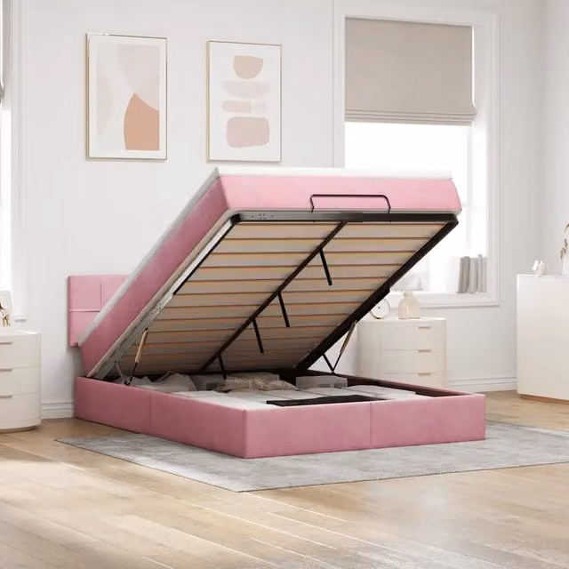Struttura Letto Pouf con Materasso Rosa 140x190 cm in Velluto 3312625
