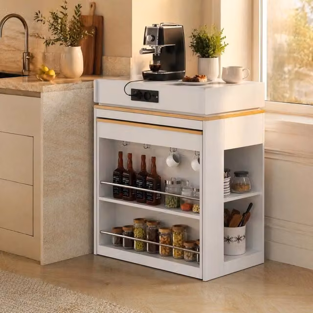 Isola cucina ULEVR 83-146,5x46x96 cm con piano pieghevole, prese integrate e vani contenitore, bianca