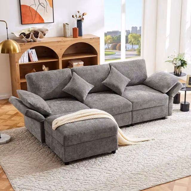 Divano 3 posti 218x156.5x86 cm con pouf e braccioli regolabili in chenille grigio
