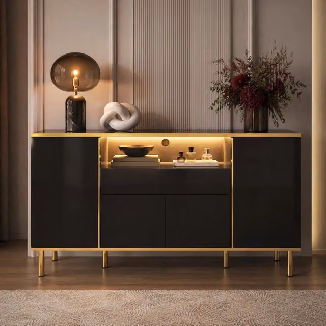 Madia con LED 150x40x80 cm in MDF e truciolare nero lucido con 4 ante e 1 cassetto