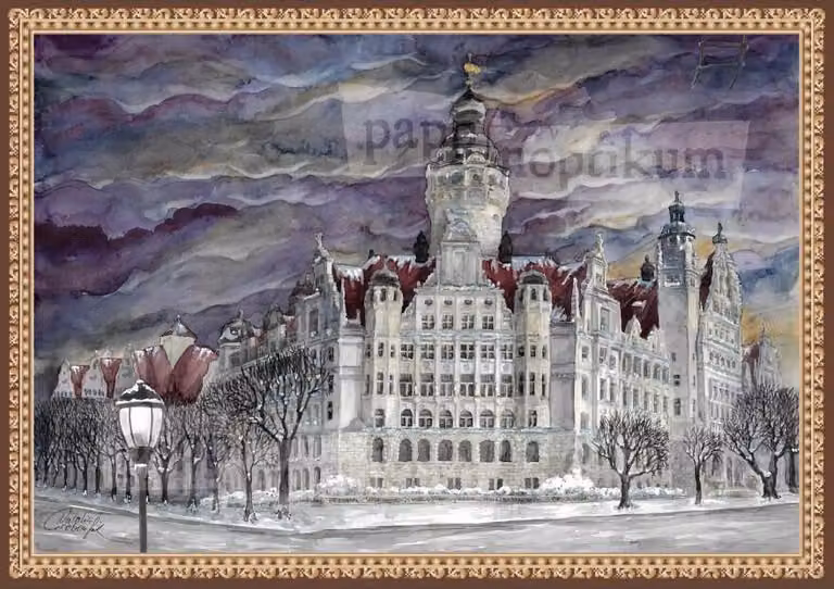 Mini calendario dell'Avvento: il Nuovo Municipio di Lipsia, acquerello, 17x12 cm