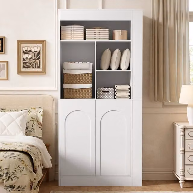 Armadio alto Mivray bianco con 2 ante e ripiani aperti laterali L: 85 cm, P: 35 cm, H: 180 cm