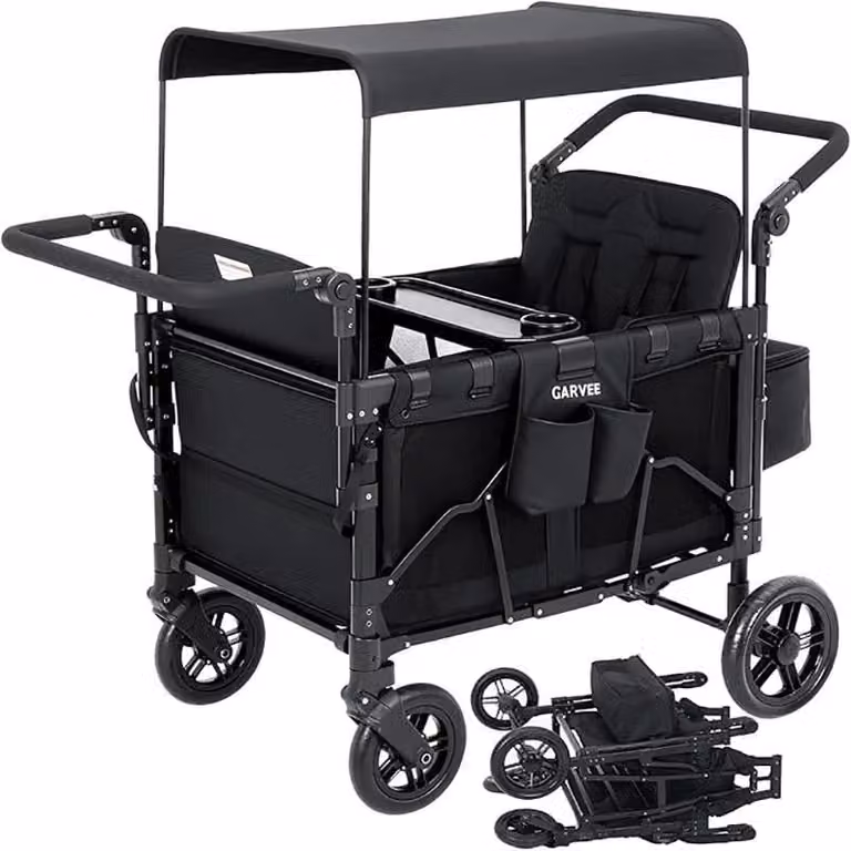Carrello per bambini a 4 posti - Passeggino da fuoristrada - Pieghevole - Maniglia per spingere e tirare - Ruote orientabili a 360° - Tettuccio parasole regolabile - Cintura a 5 punti - 3-6 anni