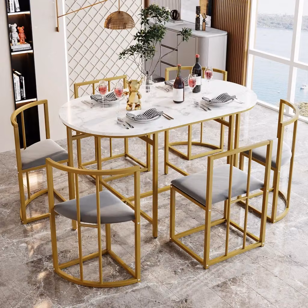Set da pranzo moderno WISHDOR con tavolo ovale bianco lucido e 6 sedie grigie, struttura in MDF e metallo dorato – 2