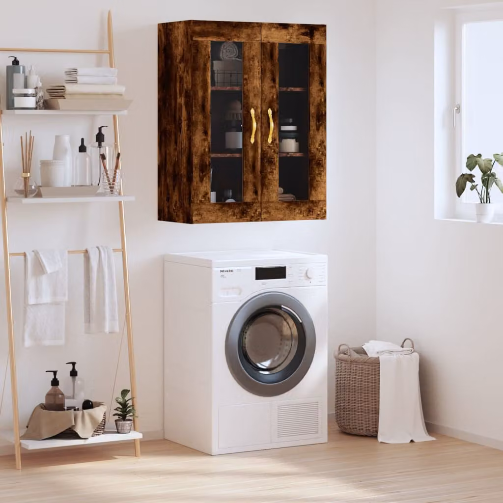 Mobile a parete vidaXL in rovere fumo con ante in vetro e ripiani interni, L: 69,5 cm, P: 34 cm, H: 90 cm