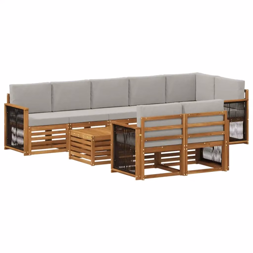 Set di divani da esterno a L con tavolino vidaXL, 8 pezzi in legno di acacia marrone e grigio chiaro con cuscini inclusi – 2