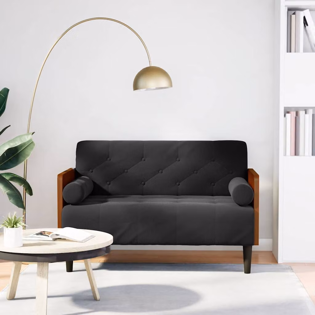 vidaXL Divanetto Moderno in Velluto Nero con Cuscini Bolster, L: 110 cm, P: 68 cm, H: 74,5 cm