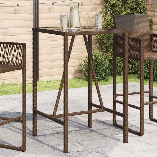 Tavolo da bar moderno vidaXL in polyrattan e vetro marrone e nero L/P/H: 70 x 70 x 110 cm
