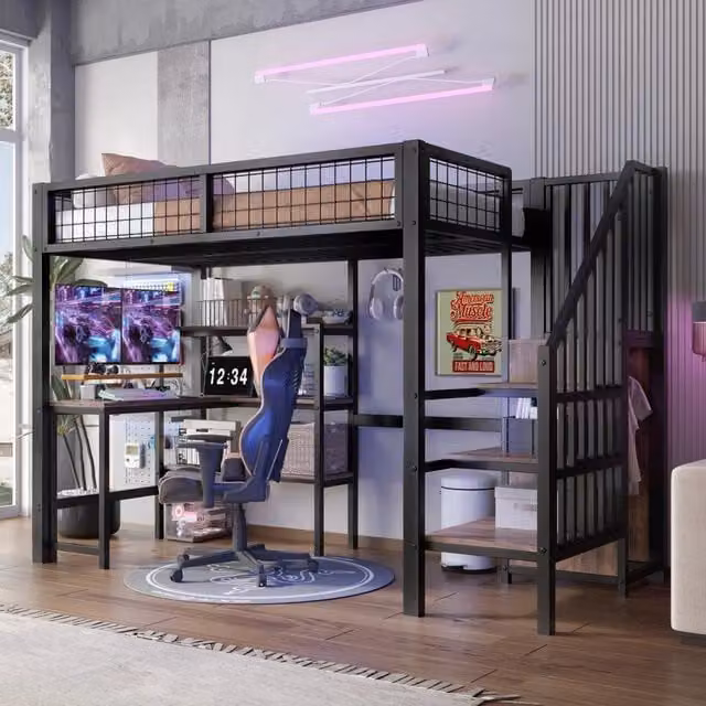 Letto a soppalco 90x200 cm in metallo e MDF con scrivania, ripiani, armadio e scala - Nero e marrone