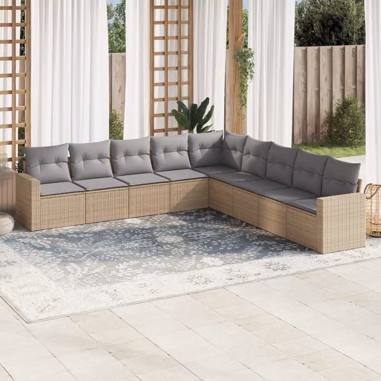 vidaXL Set Divano da Giardino a L 9 pz con Cuscini Beige e Grigio in Polyrattan e Metallo
