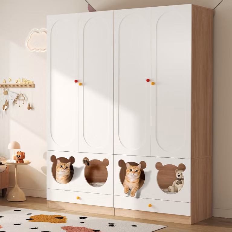 okwish Disimpegno combinato in due pezzi, appendiabiti e maniglie in Vetroceramica colorata, armadio con letto per gatti in pannelli verniciati + truciolato, Bianco + Legno naturale