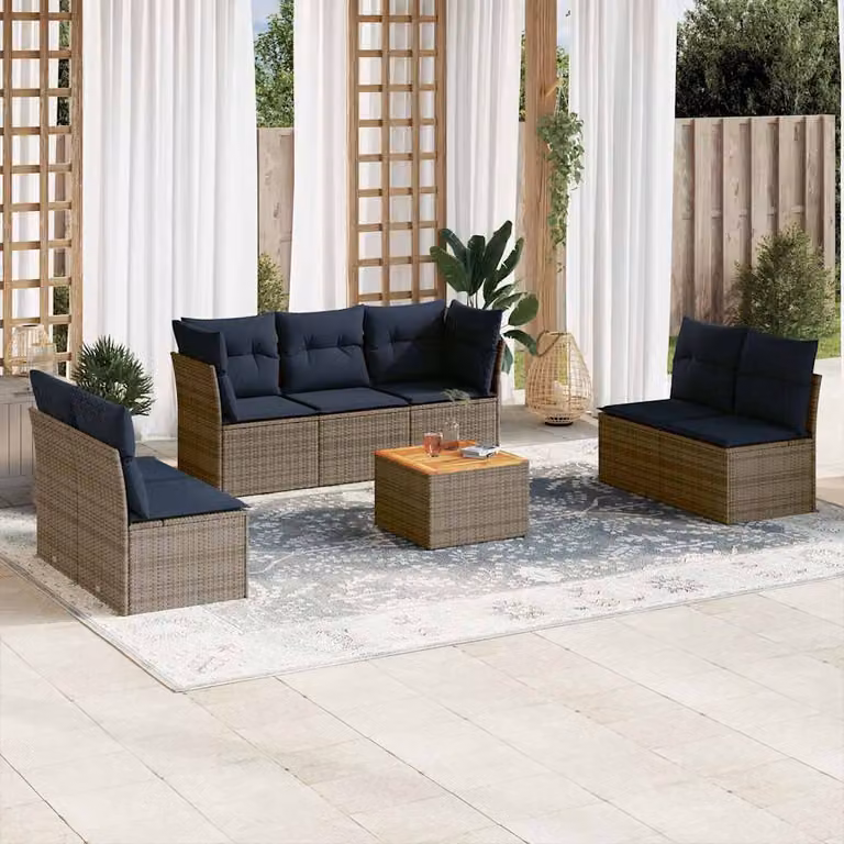 vidaXL Set Divani da Giardino a L in Polyrattan con Cuscini e Tavolino da Caffè, 8 Pezzi, Grigio e Blu