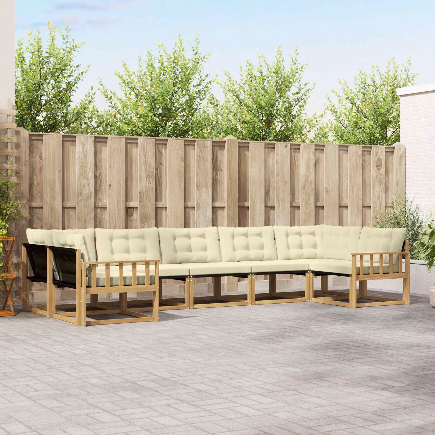 Set di divani da esterno vidaXL 7 pz in legno di acacia con cuscini Bianco e Beige