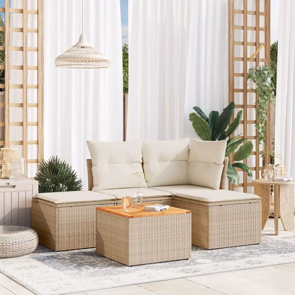 vidaXL Set Divano da Giardino a L 5 pz in Polyrattan con Cuscini Beige e Bianco – 1