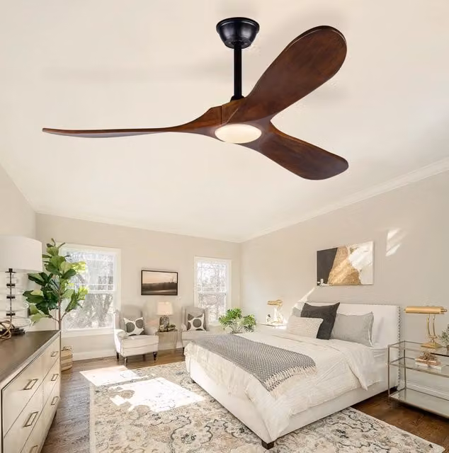 Ventilatore da soffitto con luce LED, 3 pale in legno, nero e noce scuro, con telecomando e timer