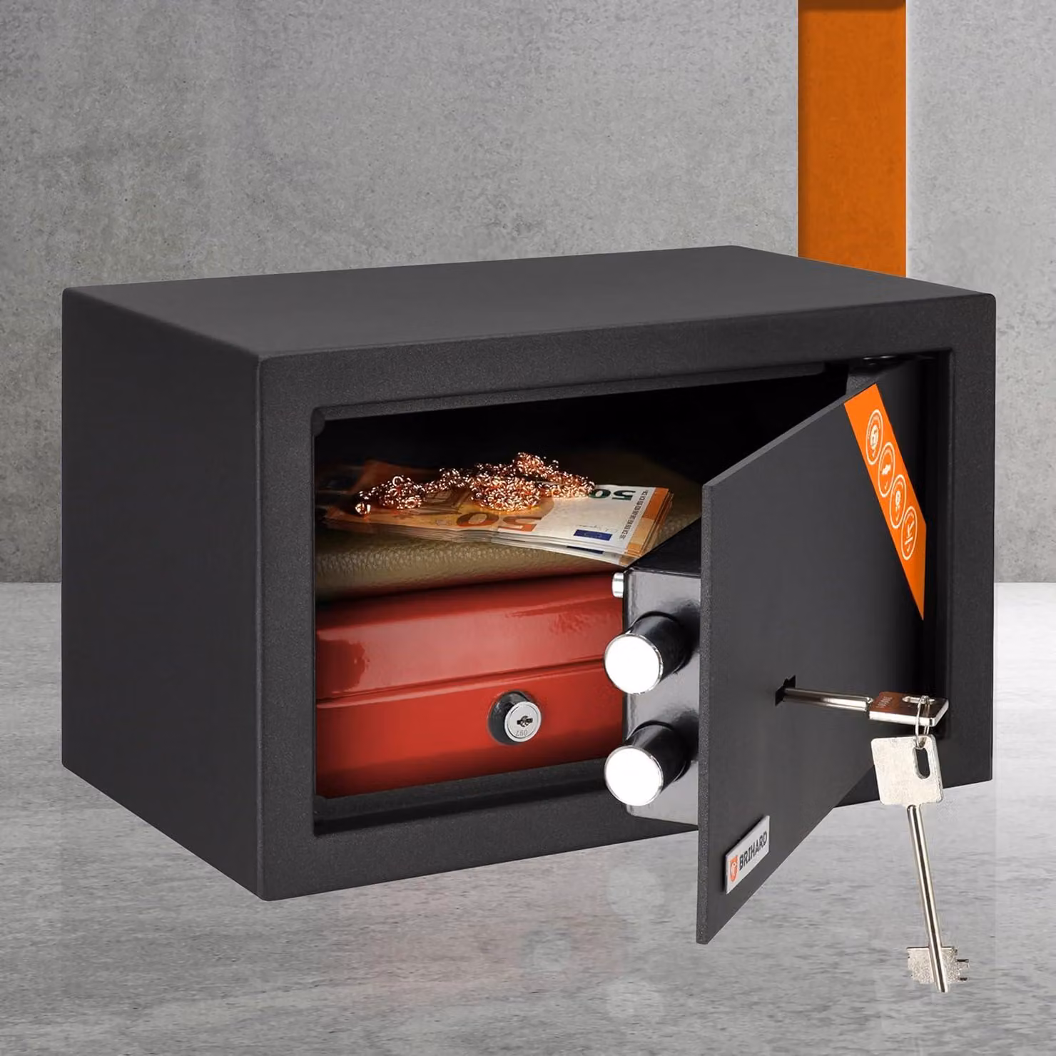 Home: piccola cassaforte per la casa con chiave, 20x31x20 cm, 11 L. Mini cassaforte per la casa o l'ufficio in acciaio resistente. Cassetta di sicurezza con serratura per oggetti di valore e denaro