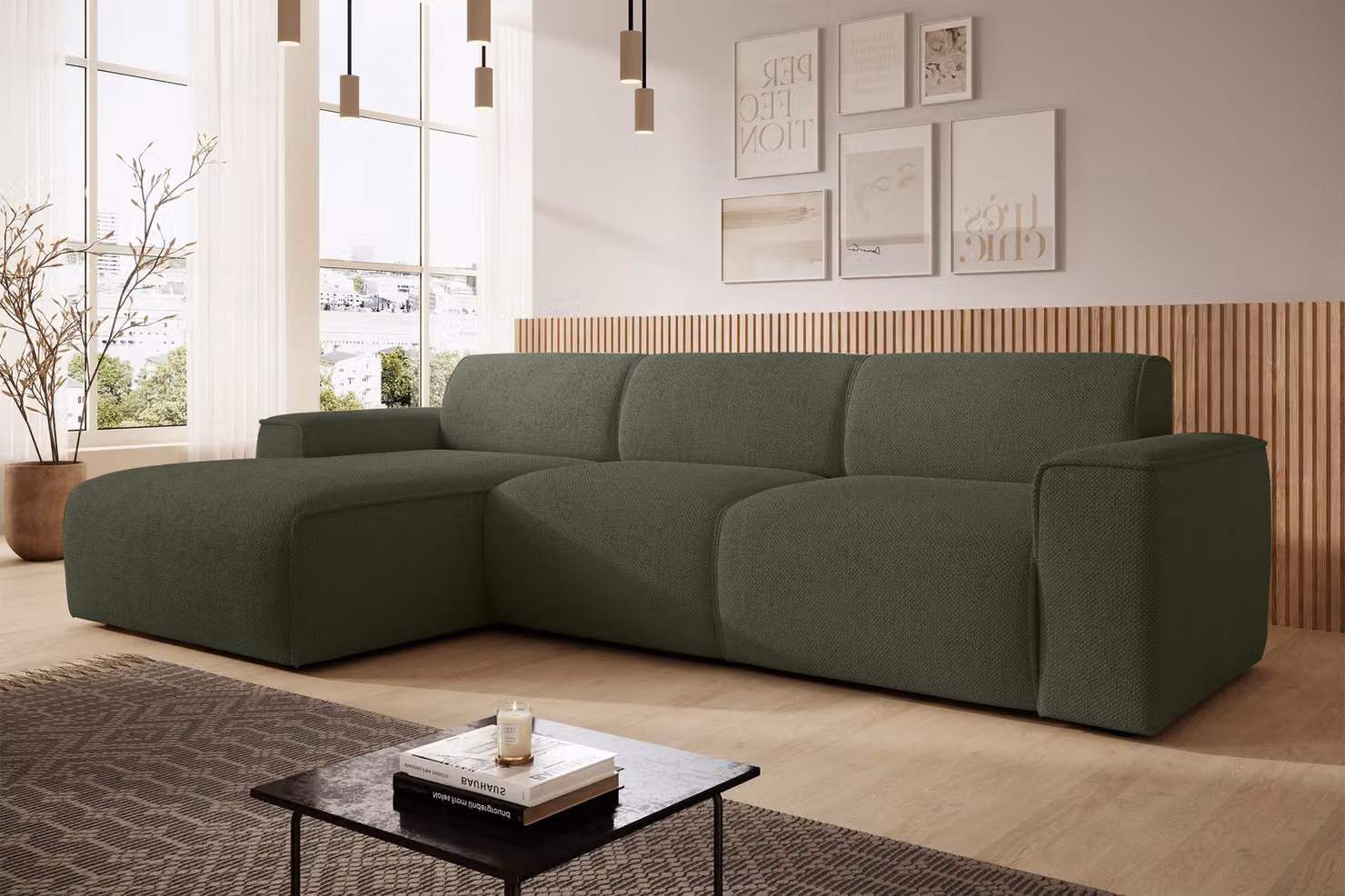 AX LIVING divano a L Didim mini verde 310 cm di larghezza, elegante L