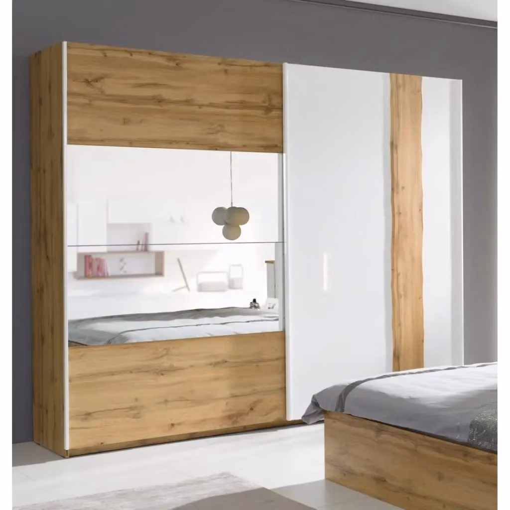 Armadio Meublorama WOOD con ante scorrevoli e specchio, Rovere e Bianco, L: 250 cm, H: 221 cm, P: 66 cm – 2