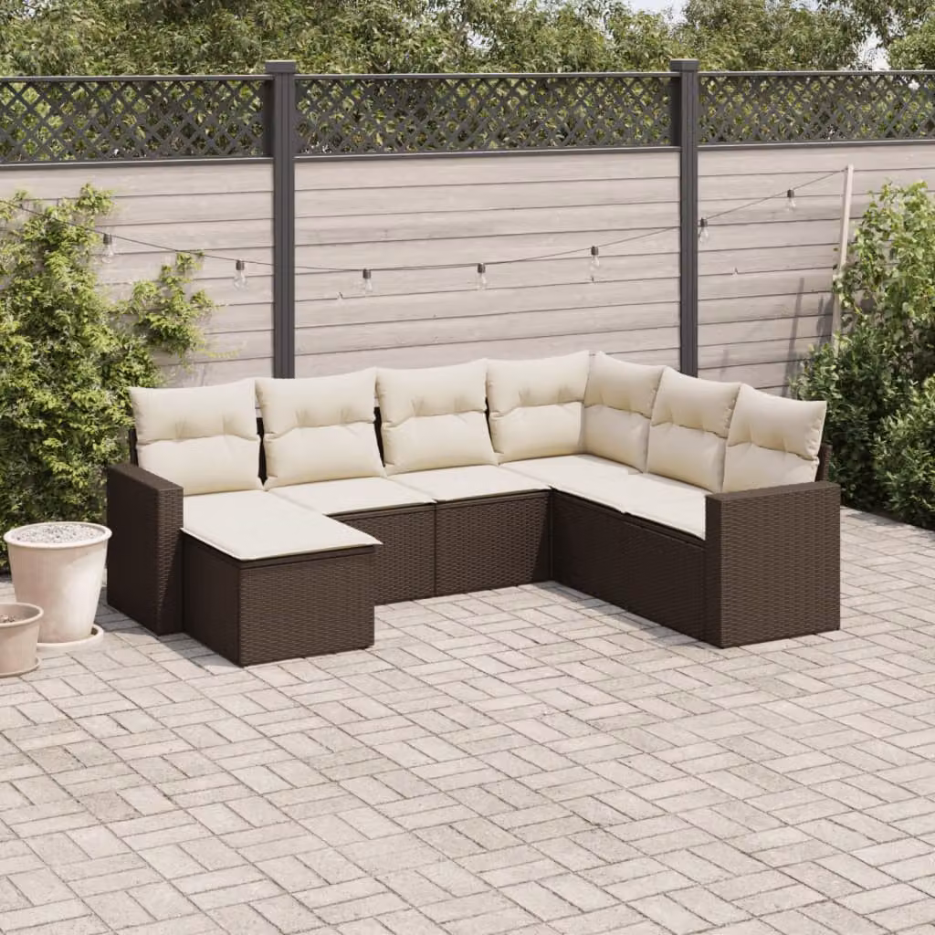 Set di Divani da Giardino vidaXL 7 Pezzi con Cuscini Marrone e Bianco in Polyrattan e Acciaio – 1