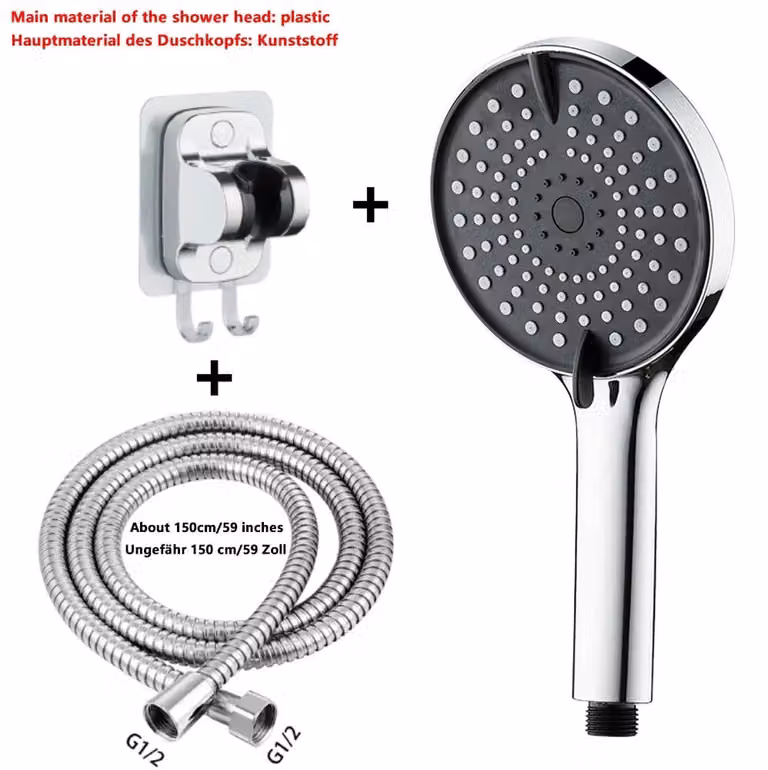 Set da doccia composto da 3 elementi: soffione a mano rotondo, con 3 tipi di getto, alta pressione, risparmio idrico, tubo flessibile e supporto, finitura cromata, colore argento