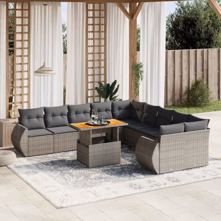 vidaXL Set Divani da Giardino a L 11 pz in Polyrattan Grigio con Cuscini Imbottiti e Tavolino