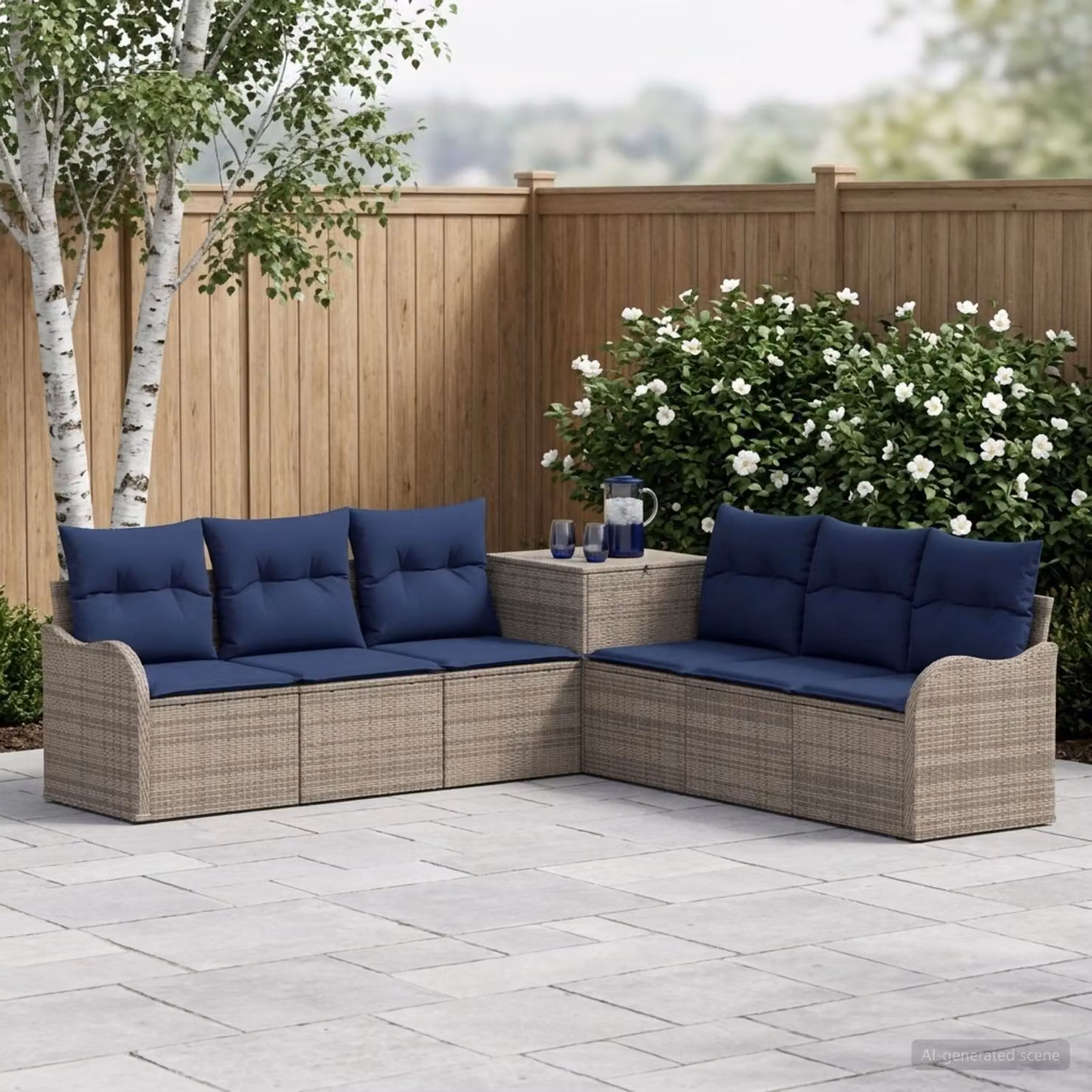 Set di divani da giardino vidaXL in rattan sintetico e metallo, 7 pezzi, Grigio e Blu Navy con cuscini inclusi