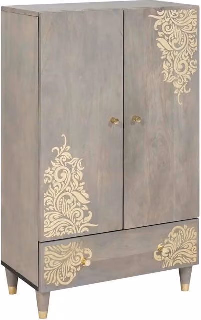Credenza Buffet in Legno di Mango Massello Grigio e Oro L: 60 cm, P: 33 cm, H: 100 cm