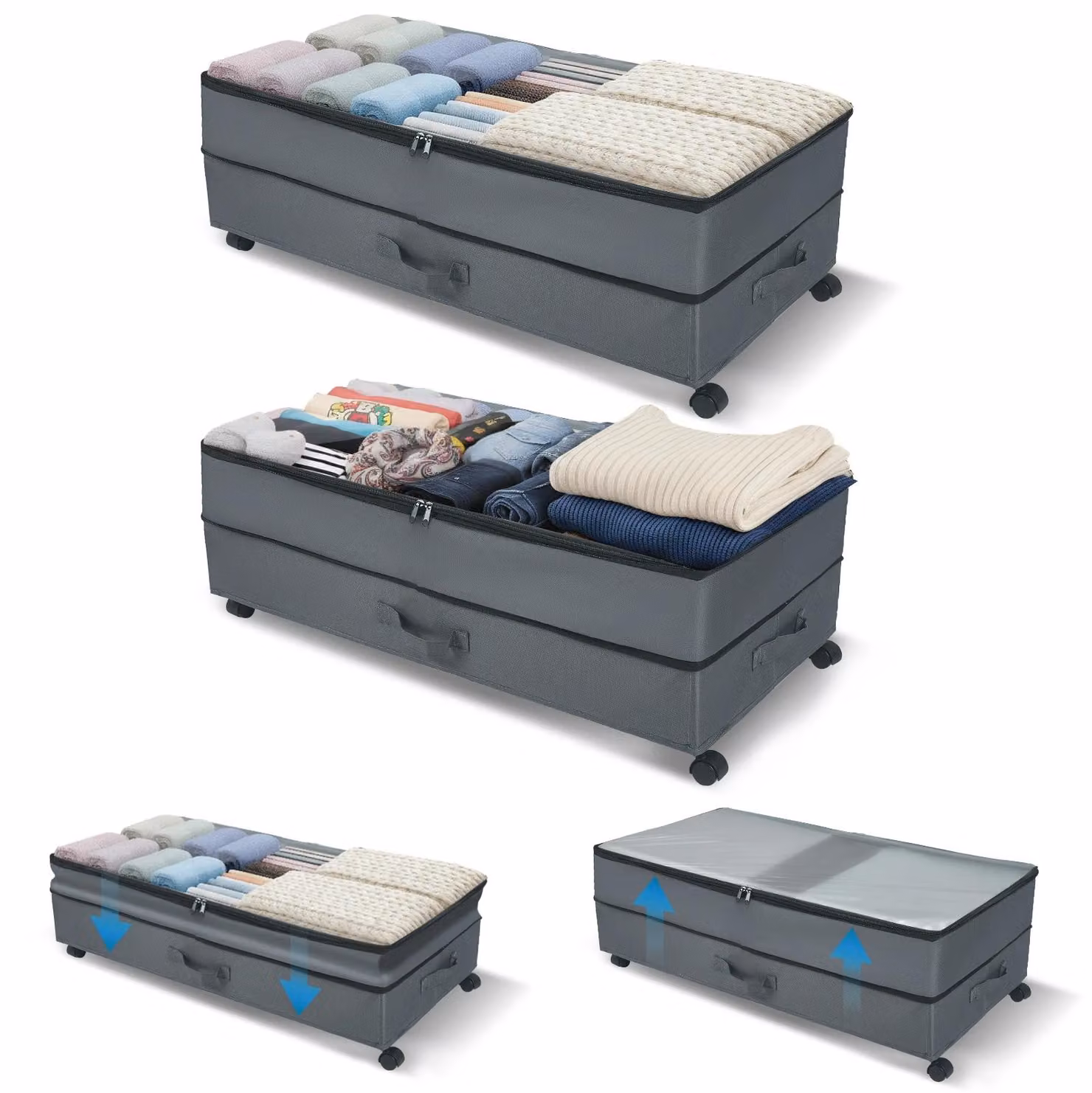 Contenitori portaoggetti con ruote - Sacche portaoggetti da inserire sotto il letto - Set da 2 - 72 litri - Espandibili - Struttura in metallo - Grigio