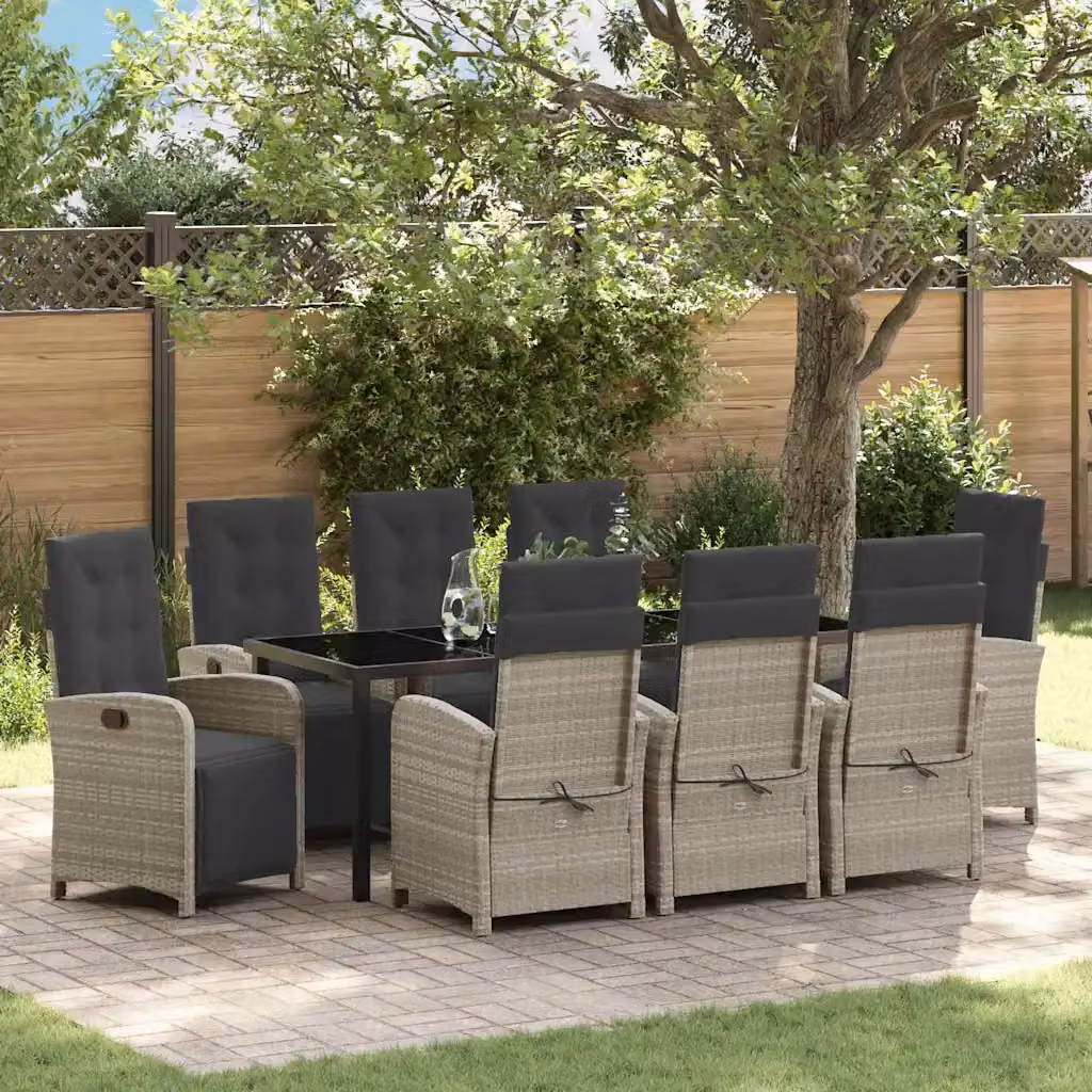 Set da pranzo per giardino e terrazzo vidaXL in polyrattan e vetro, 9 pezzi, Grigio