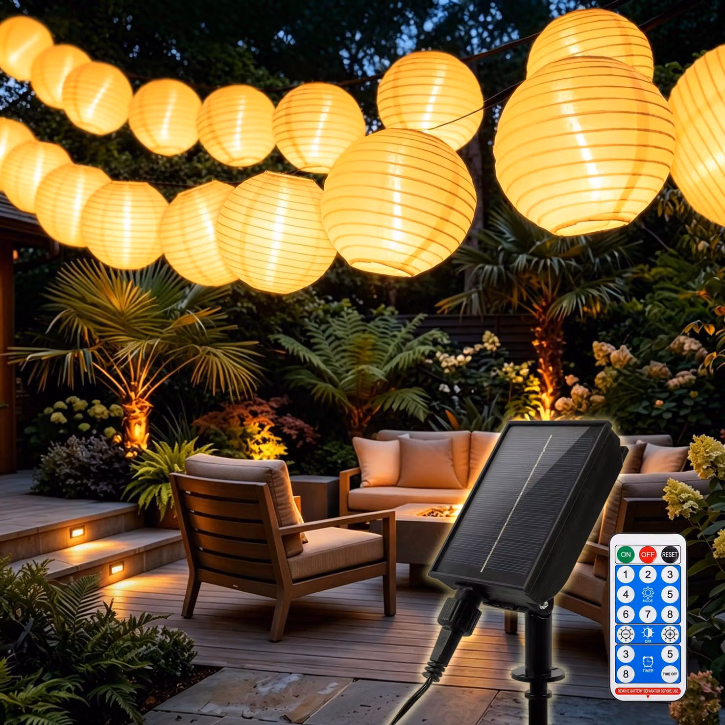 Catena luminosa solare, 10,8 metri, 20 LED, luce bianca calda, grado di protezione IP44, con telecomando