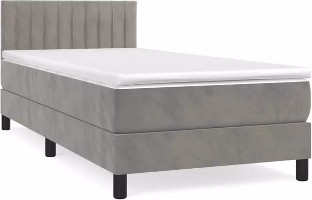 Letto singolo moderno con materasso ibrido e struttura in velluto grigio chiaro, L/P/H: 100 x 200 x 78 cm