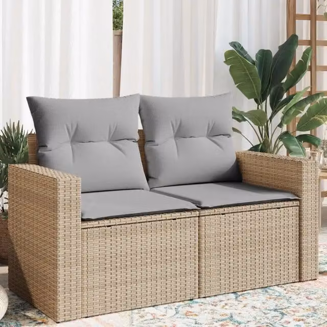 Divano da giardino a 2 posti vidaXL in polyrattan con cuscini beige e grigi
