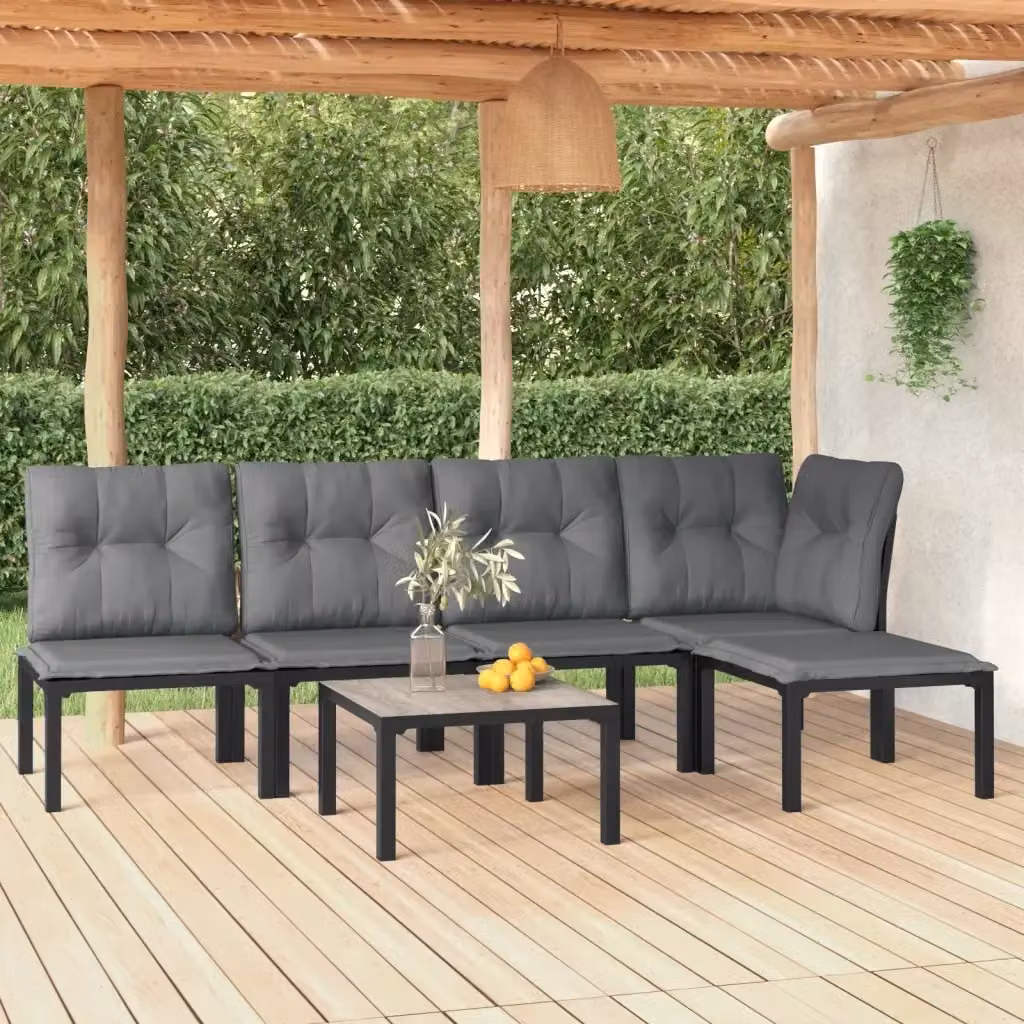 Set Salotto da Giardino Moderno a L in Polyrattan Nero e Grigio con 6 Pezzi e Cuscini Inclusi – 2