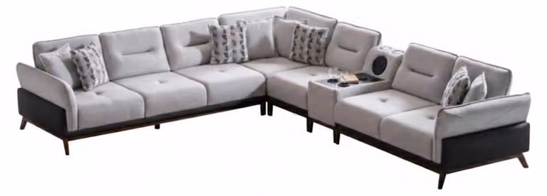 Divano ad angolo, colore bianco, stile moderno, impianto audio, braccioli morbidi, nuovo