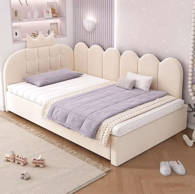 Letto da giorno ULEVR 90x200 cm con letto estraibile 90x190 cm, velluto beige e testiera a corona